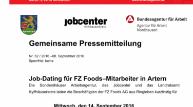 Job-Dating für FZ Foods–Mitarbeiter in Artern